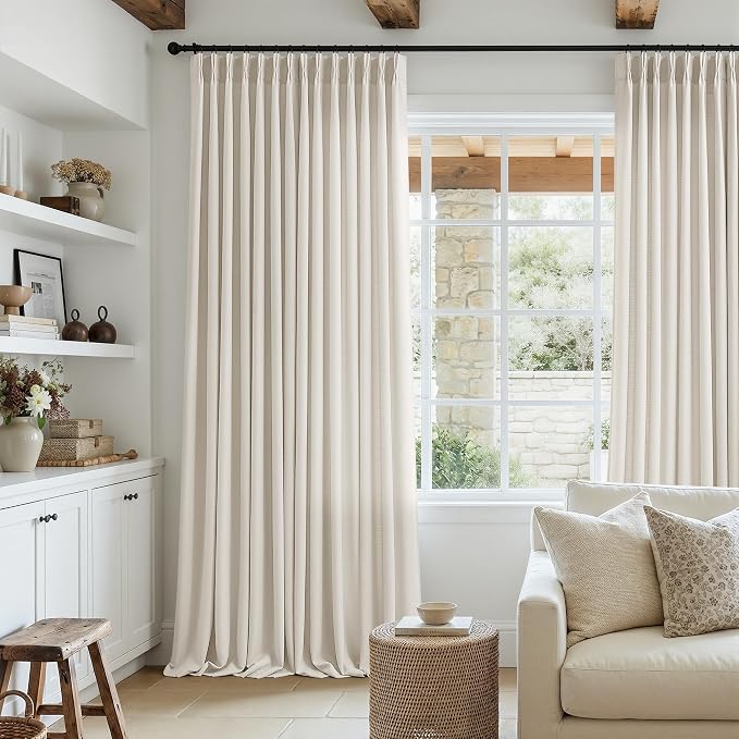 Natural Pinch Pleated Semi Sheer Curtains 120 Inches Long 2 Panels Set for Living Room Bedroom, Memory Shape Pinch Pleat Thick Flax Linen Textured Light Filtering Privacy Extra Long Window Curtains
