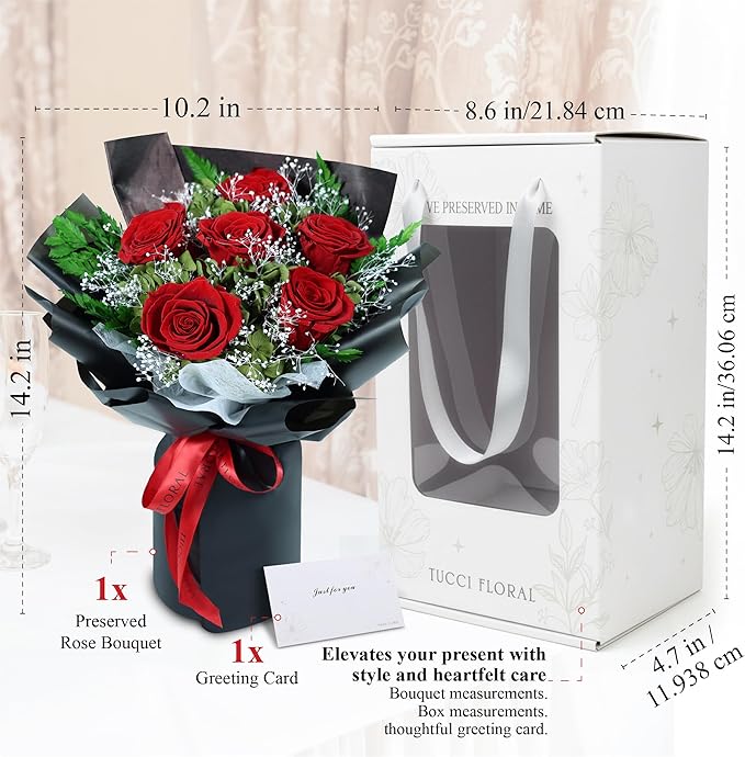 TUCCI FLORAL-Forever flowers bouquet with baby’s breath, Real red roses, Gift for Mother’s Day, Birthday, Anniversary, Girlfriend Wife Grandma Her Women, preserved flowers for delivery prime tomorrow