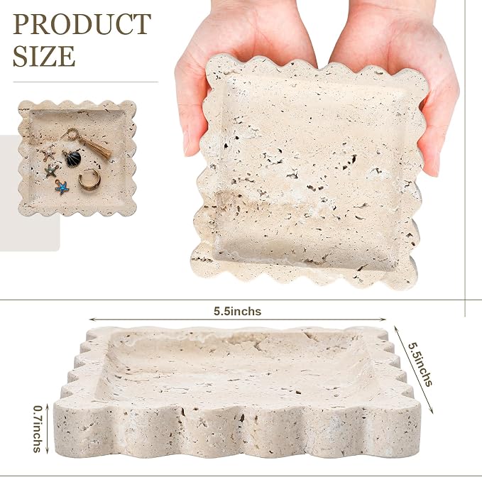 Threehoney 5.5 Inch Small Travertine Stone Tray Marble Jewelry Dish Trinket Tray for Women, Perfume, Coffee Table(Square,Scallop)