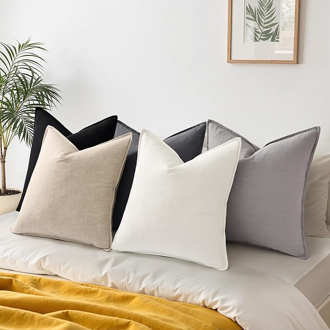 decorUhome Summer Decorative Linen Throw Pillow Covers 18x18 Inch Set of 2 Light Grey Pillow Covers with Flange Edges Soft Farmhouse Boho Accent Pillow Cases for Couch Bed Living Room