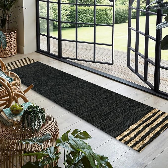 GRUHUM Jute Runner Rug 2'6"x10' ft Black Leather Natural Jute Rug 2.5x10 ft | Handwoven Boho Braided Soft Rustic Vintage Ecofriendly Indoor Rugs for Kitchen Farmhouse Bedroom Hallways Entryways