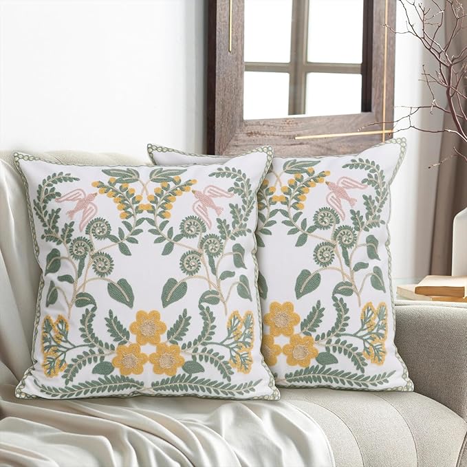 Set of 2 Embroidered Decorative Throw Pillow Covers Couch Square Pillowcases Cushion for Bedroom Sofa Farmhouse Decor 18x18 Inch (Flower-A)