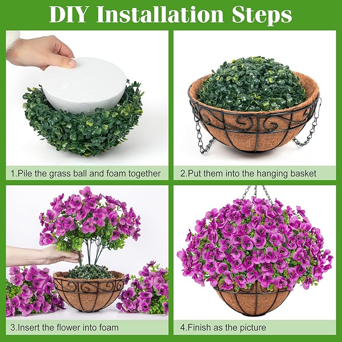 Artificial Hanging Flowers with Baskets for Outdoors, Fake Silk Pansy Flowers UV Resistant Faux Hanging Plants for Front Porch Patio Yard Home Spring Summer Decoration, Fuchsia