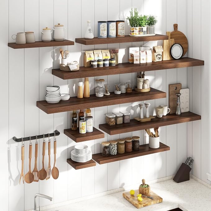 55 Inch Floating Shelves for Wall with Invisible Brackets Set of 2, 12"D Engineered Wood Wall Shelves with Wood Grain for Living Room, Bedroom, Bathroom, Kitchen Decor and Storage, Walnut Finish