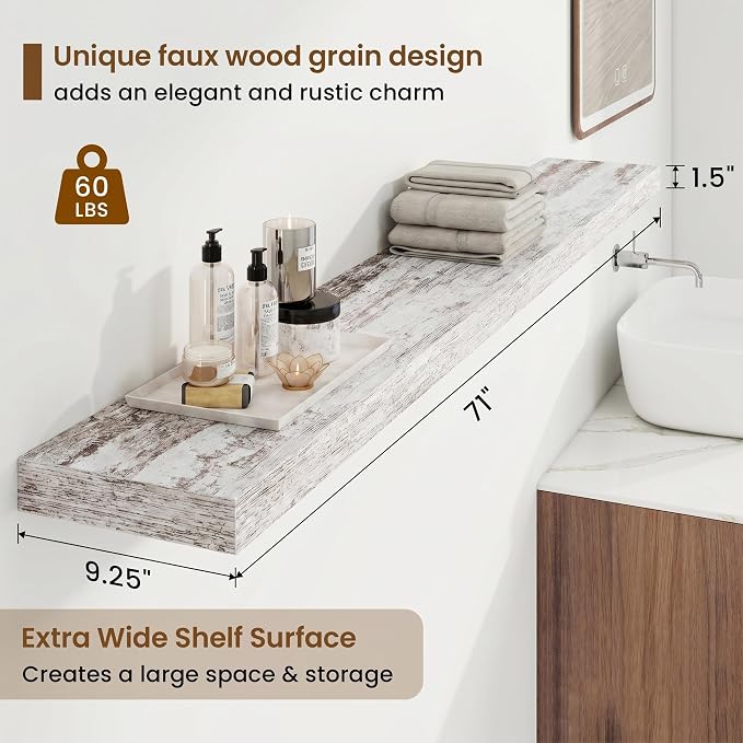 Marsmiles 55in Floating Shelves for Wall, 72" W x 9.25" D x 1.5" H, Long Wall Mounted Engineered Wood Shelves with Invisible Brackets for Living Room, Bedroom, Bathroom, Kitchen, Vintage White, 2Pcs