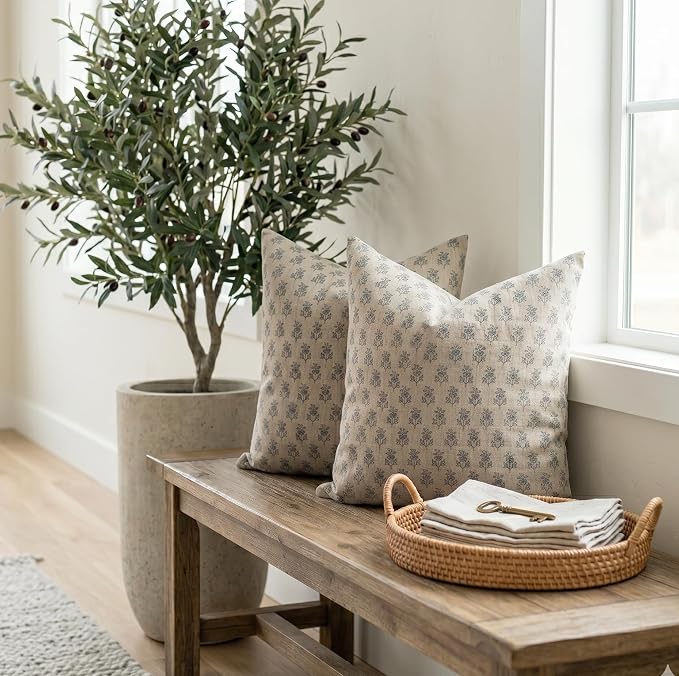 Linen Throw Pillow Covers 20x20 inch Soft sage and Blue Decorative Pillow Covers for Living Room, Bedroom