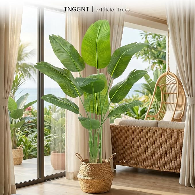 Artificial Bird of Paradise Plant：5FT Fake Traveler’s Palm Faux Banana Tree Elephant Ear Leaf Tall Silk Floor Plant in White Pot for Home Decor Indoor Office Entryway Balcony Patio café Hotel
