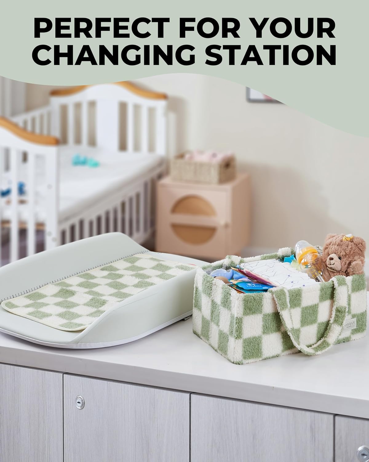 Checkered Diaper Caddy Organizer with Portable Changing Mat - Teddy Fleece Diaper Organizer for Changing Table - Caddy Organizer with Removable Dividers - Green and White