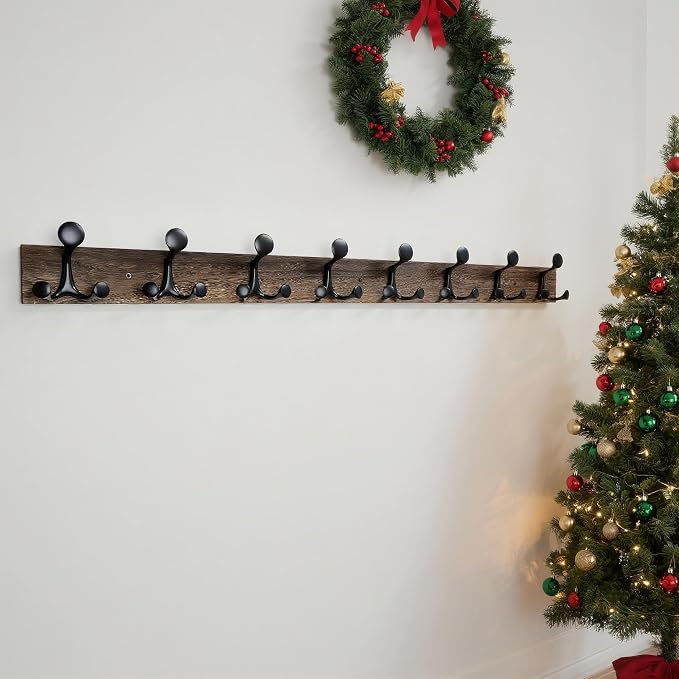 WEBI Coat Rack Wall Mount,43" Solid Wood Coat Hooks Wall Mounted Coat Hanger,16" Hole to Hole,Heavy Duty Hook Rack Rail,8 Triple Hooks for Hanging Coats,Jacket,Clothes,Hat,Backpack,Weathered Brown
