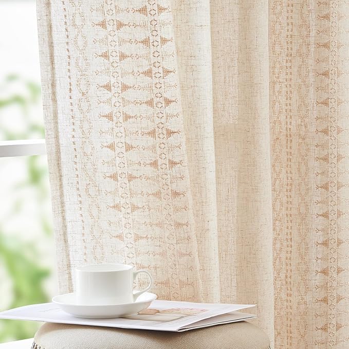 jinchan Boho Curtains for Bedroom Linen Blend Boho Curtains 96 Inches Long 2 Panels Farmhouse Embroidered Drapes for Living Room Drapes Light Filtering Grommet Window Traetments Ivory on Beige