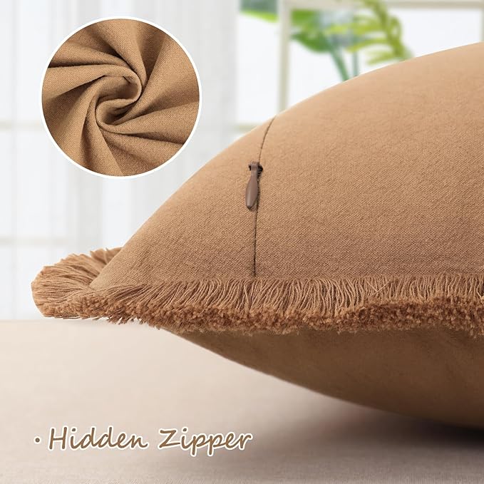 ZWJD Pillow Covers 22x22 Set of 2 Camel Throw Pillow Covers with Fringe Chic Cotton Decorative Pillows Square Cushion Covers for Sofa Couch Bed Living Room Farmhouse Boho Decor