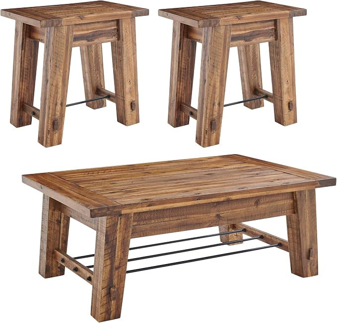 Alaterre Furniture Durango Solid Wood Coffee Table Set of 3, Rustic | Living Room Table Set Include 48-Inch Coffee Table and 2 27-Inch End Tables with Sturdy Metal Accents and Storage Shelf