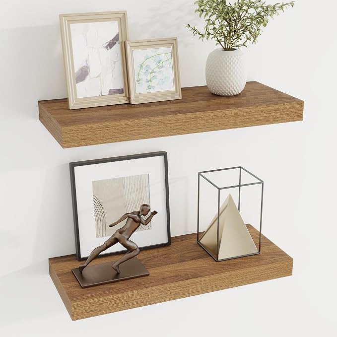 Dreamland 20Inch Walnut Floating Shelves 6.7" Deep Wall Mounted Set of 2 | Wall shelves for bathroom, bedroom, Living Room, kitchen, deep wall mount wood storage display for home decor 20" x 6.7"