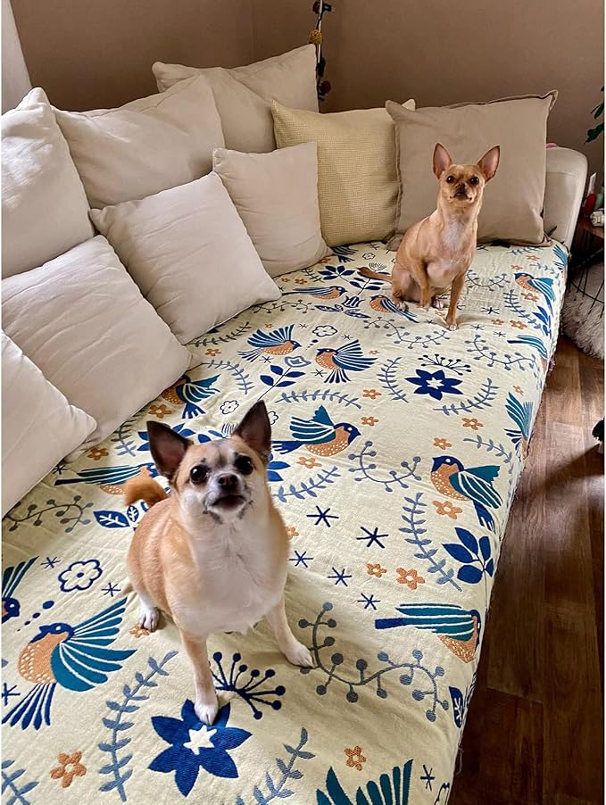 Versatile Cotton Summer Throw Blanket,80"x90" Soft Breathable Boho Quilt,4-Layer Gauze Woven Muslin Blanket,Perfect for Beds,Couches,Chairs,Vintage Decor,Unique Bird & Flower Pattern