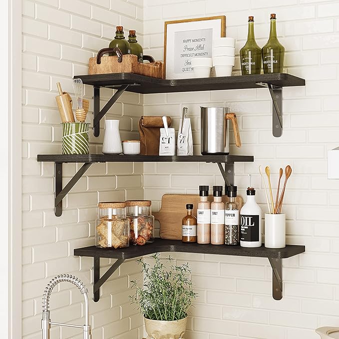 Fixwal Corner Shelves Floating Shelves for Wall Bathroom Kitchen Bedroom Home Decor Laundry Room Living Room Set of 5 (Black)