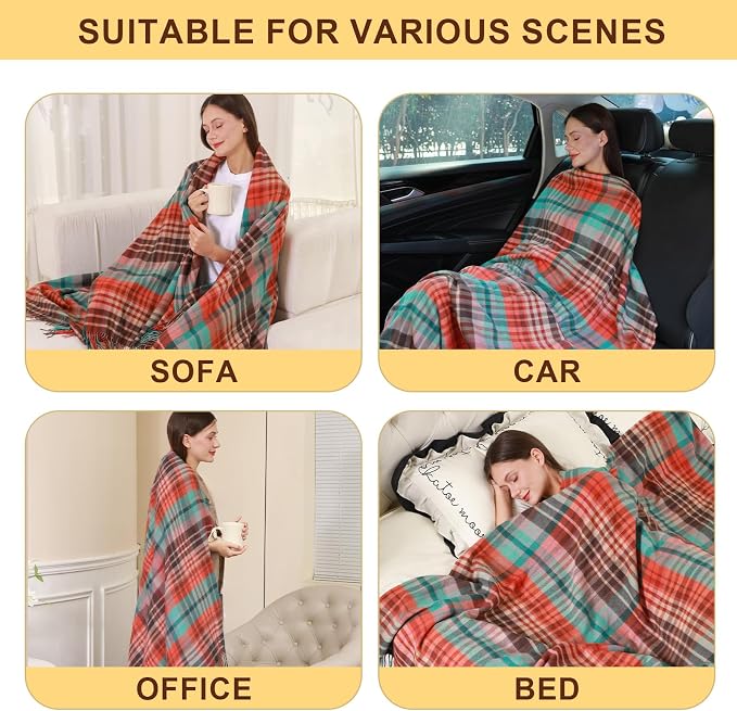 Pure Wool Blanket - Soft Lightweight Breathable Blanket Large 55x83 inches, 1.5 lbs, Wool Fringed Knee Throw Blanket for Couch Bed Outdoor Travel,Tartan-Red Pinstripe