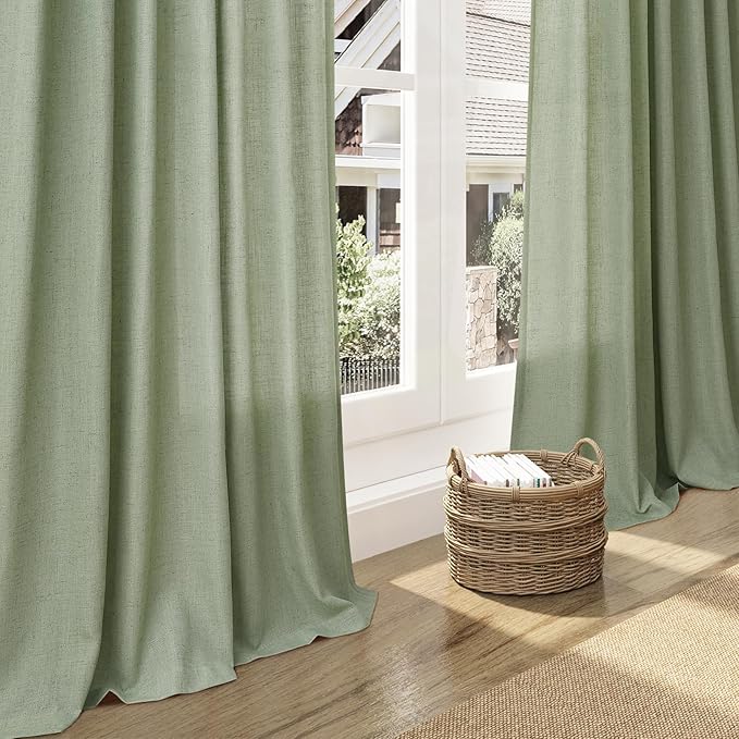 Light Sage Linen Curtains for Living Room 63 Inches Long 2 Panel Set Light Filtering Linen Drapes for Kitchen Windows Rod Pocket Back Tab Short See Through Curtain Country Farmhouse Decor 52x63