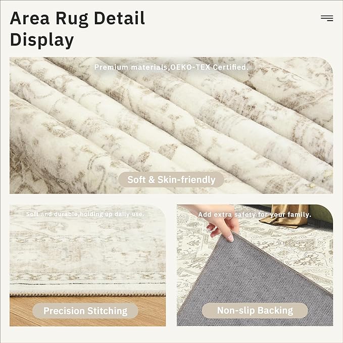 Soalmost 4x6 Area Rugs for Living Room, Vintage Washable Rugs for Dining Room, Bedroom, Home Office Decor, Non-Slip Beige/Brown Carpet Thin Rug