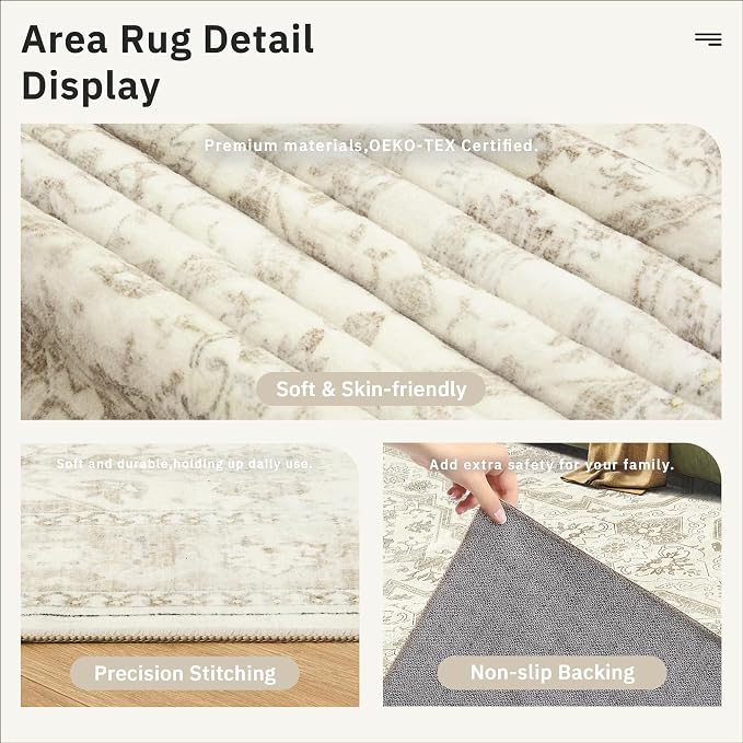 Soalmost 10x14 Area Rugs for Living Room, Non Slip Machine Washable Vintage Rugs, Low Pile Lightweight Large Rug for Bedroom, Dining Room, Home Office Beige/Brown