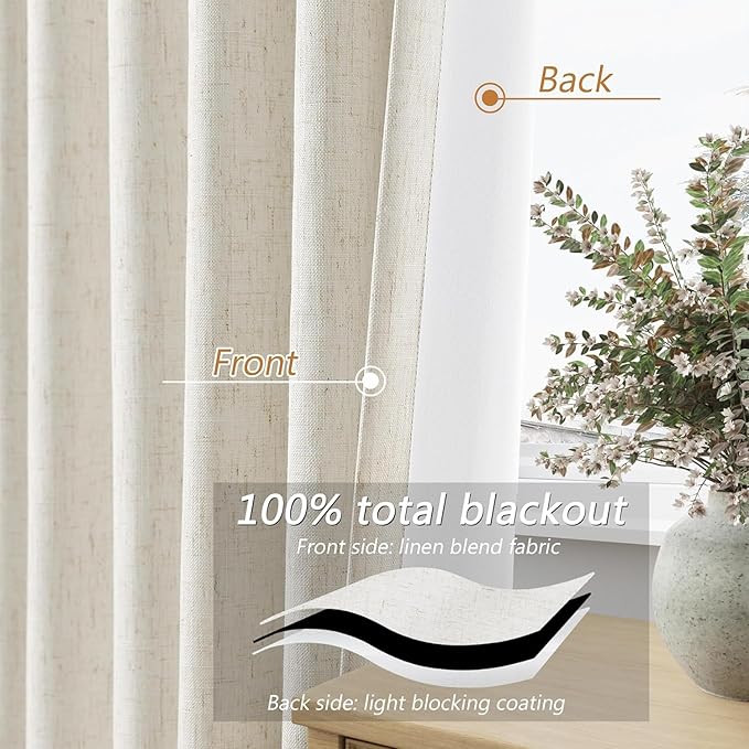 Guken Cream 100% Blackout Linen Curtains 70 Inch Wide by 84 Inch for Living Room Bedroom Back Tab/Rod Pocket Thermal Insulated Black Out 1 Drapes Room Darkening Window Curtains,1 Panel