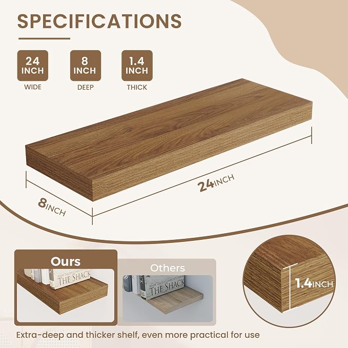 Dreamland 24 Inches Floating Shelves for Wall, 8" Deep Long Floating Shelves Set of 2, Large Display & Storage Shelf, Wall Shelf for Bathroom Bedroom Living Room Kitchen Office, Walnut