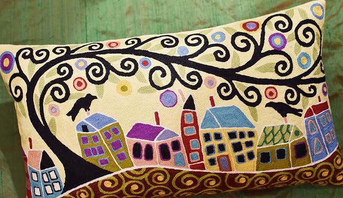 Yellow Tree of Life Pillow Cover | Karla Gerard Floral Pillows | Floral Couch Cushion | Kids Room Pillowcase | Gold Plant Toss Pillows | Hand Embroidered Cushions Wool Size - 14x24