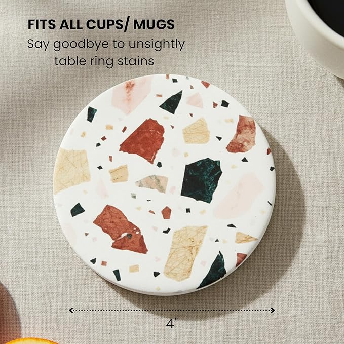 Absorbent Coaster Set of 6 with Holder, Drink Coasters for Coffee Table, Kitchen, Home Decor, Cute Ceramic Round Coasters, Alternative to Silicone, Cork or Glass Coaster (Terra)