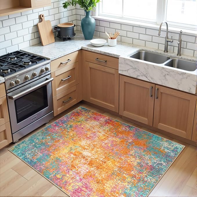 RELEANY Washable Area Rugs 3'x5' Non-Slip Modern Abstract Soft for Living Room Entryway Bedroom Nursery, Print Pattern, Orange Blue Pink Yellow Colorful