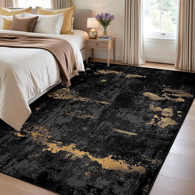 RELEANY Washable Area Rugs 3'x5' Non-Slip Modern Abstract Soft for Living Room Entryway Bedroom Nursery, Print Pattern, Dark Black Gold