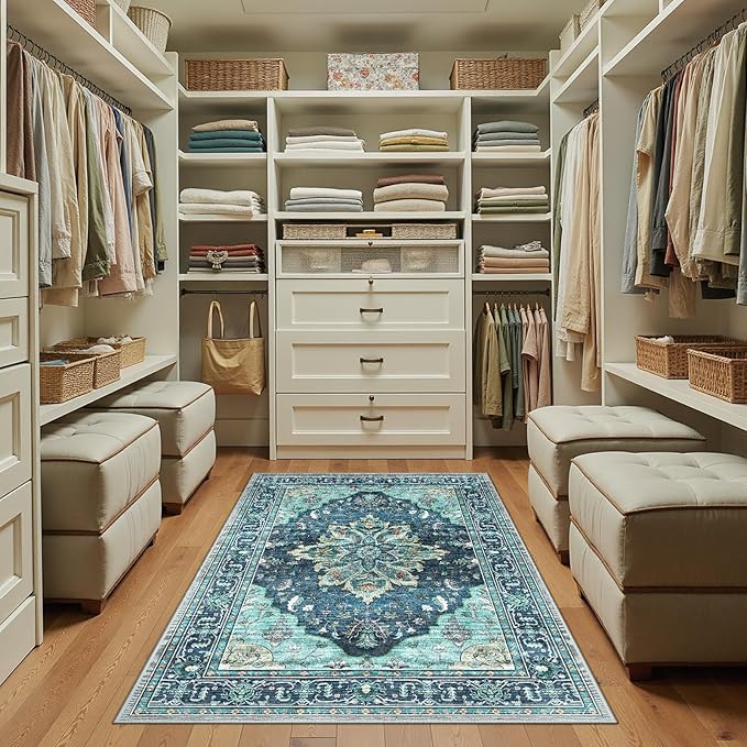 RELEANY Area Rugs 3'x5' Washable Non-Slip, Floral Vintage Distress Print Pattern Medallion Carpet for Living Room Bedroom Dining Room, Teal Green Lake Blue Turquoise
