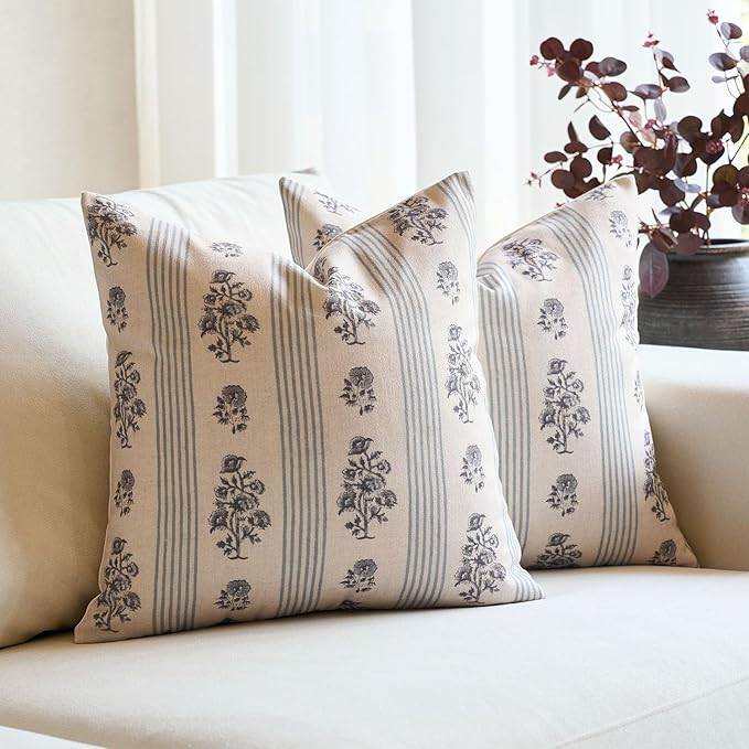 Amor Virisso Floral Throw Pillow Covers 18x18 Set of 2 Block Print Pillow Covers Neutral Floral Striped Farmhouse Decorative Pillow Covers for Sofa Couch Bed, Light Blue