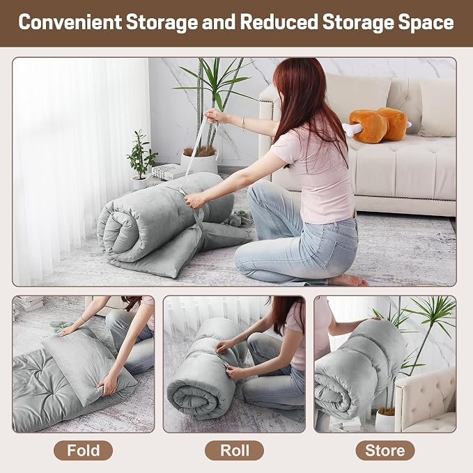 BALAPET Floor Lounger Pillow,Foldable Light Thick Tufted Floor Pillow Cushion with Elasticized Webbing for Easy Storage Floor Lounger for Meditation, Playing, Yoga, Reading, Sleeping(Light Gray)