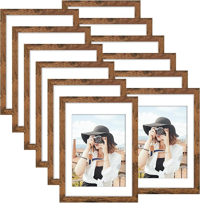 Picrit 10x14 Picture Frame Set of 12, Display 8x12 with Mat or 10x14 without Mat, Photo Frames for Wall Mounting or Table Top Display, Brown