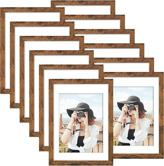 Picrit 10x14 Picture Frame Set of 12, Display 8x12 with Mat or 10x14 without Mat, Photo Frames for Wall Mounting or Table Top Display, Brown