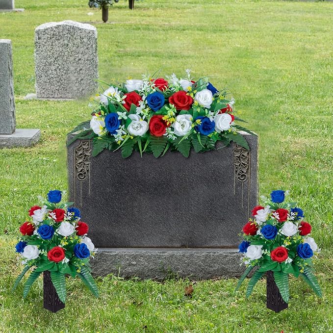 DONODA Cemetery Tombstone Flower Saddle - Outdoor Grave Decorations - Non-Bleed Colors, Rose Combination Flower. (Red, Blue, and White Saddle)