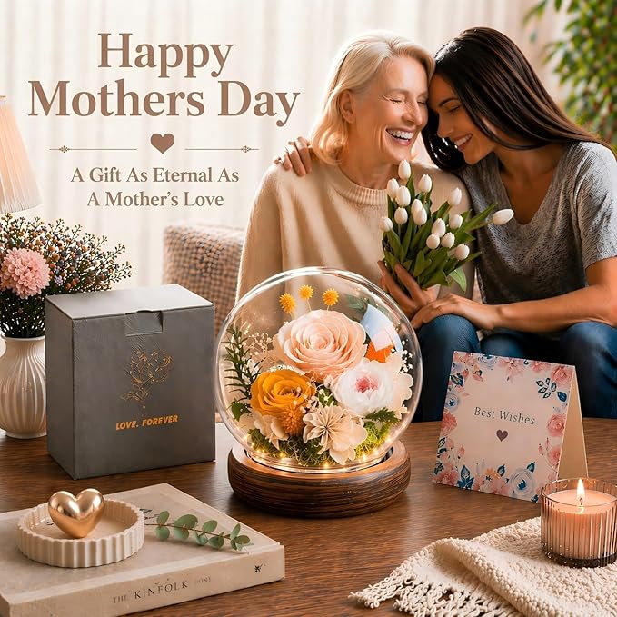 FIACO Gifts for Mom Birthday Gifts for Women Preserved Flowers in Glass Dome Long-Lasting Eternal Fresh Roses Mothers Day for Her Grandma Wife Daughter Girlfriend Forever Flowers for Delivery Prime