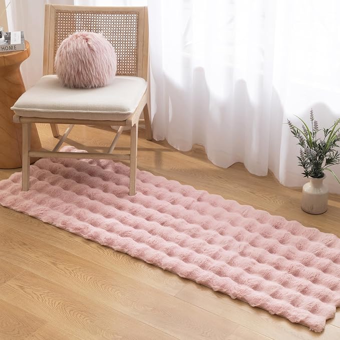 Ashler Faux Rabbit Fur Rug, Pink 2x6 FT Fluffy Soft Runner Area Rugs, Rectangle Fuzzy Carpet for Living Room, Bedroom, Machine Washable Shaggy - 3D Bubble Rug,