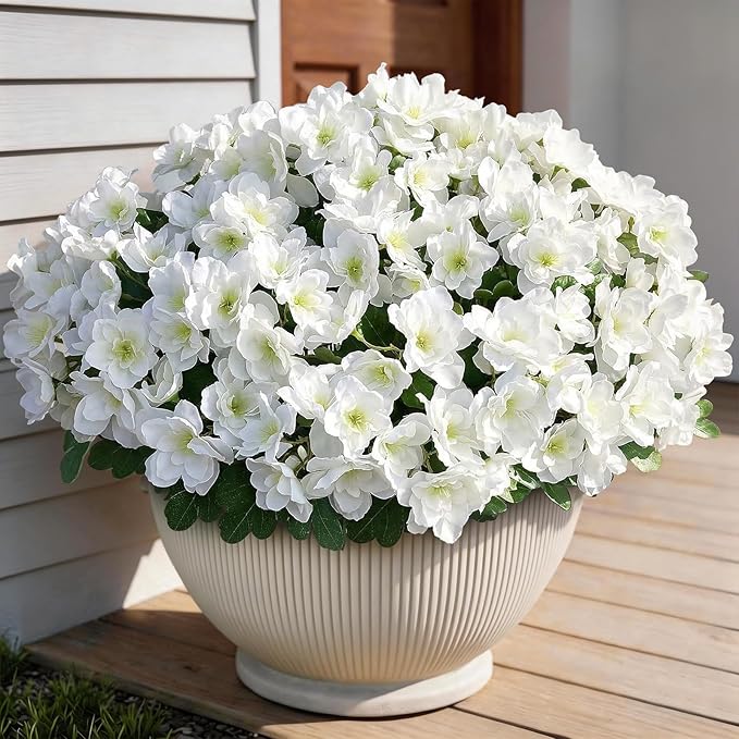 16 Bundles Artificial Flowers for Front Door, Fake Silk Azalea Bouquet Silk Flowers for Outside UV Resistant Realistic Faux Plants for Planter Farmhouse Patio Garden Walkways Home Decor (White)