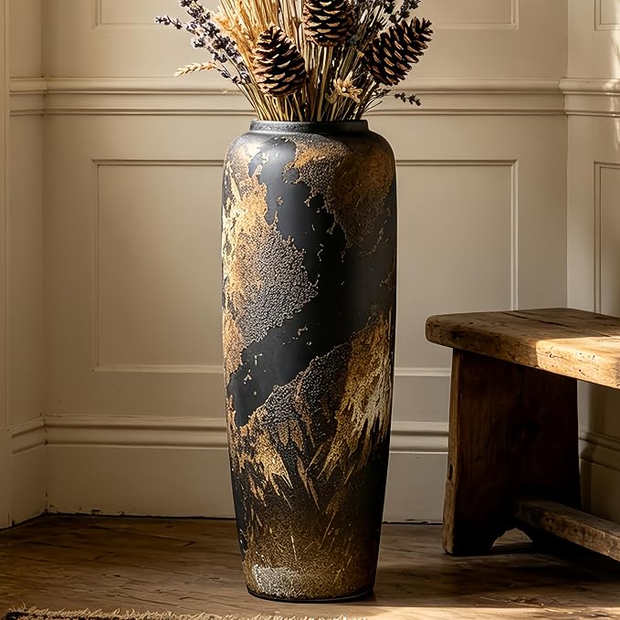 Black Rustic Ceramic Tall Floor Vase, 19.7 Inch Vintage Large Farmhouse Vase Pottery Clay Terracotta Rustic Vases for Home Decor Living Room Entryway Table Centerpieces,Kitchen,Housewarming Gifts