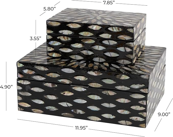 Deco 79 Mother of Pearl Shell Decorative Box Geometric Floral Decorative Keepsake Boxes with Beige Accents, Set of 2 Storage Boxes 12", 8"W, Black