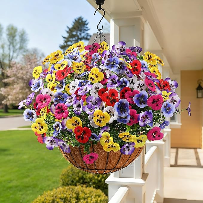 Alupssuc 24 Bundles Artificial Flowers for Outdoors, Fake Spring Flowers for Decoration, UV Resistant Realistic Pansies with Eucalyptus Silk Faux Flowers for Porch Patio Yard, 6 Mix Colors