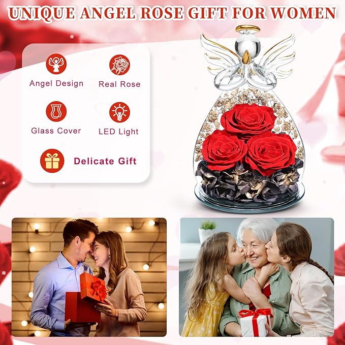 Beferr Mothers Day Mom Birthday Gifts for Women, Fresh Flowers for Delivery Forever Preserved Rose in Glass Angel Figurine, Anniversary Christian Real Rose for Grandma Nana Wife Mum from Daughter Son