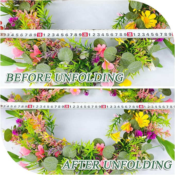 2Pcs 20 Inch Artificial Spring Wreath Handmade Wildflower Daisy Lavender Wreath Colorful Spring Wreath for Front Door Home Wall Porch Farmhouse