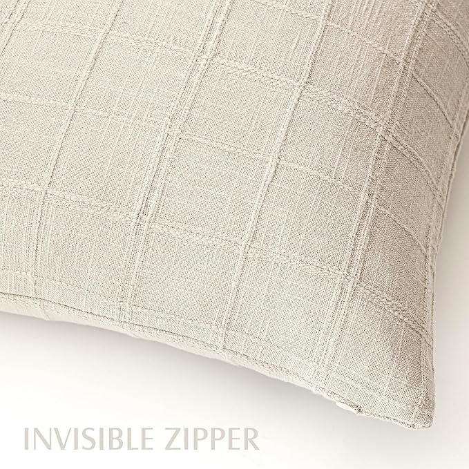 Foindtower Set of 2 Decorative Linen Check Throw Pillow Covers Neutral Farmhouse Vintage Cushion Covers Modern Boho Home Decor for Sofa Chair Couch Bedroom Living Room,16×16 Inch,Natural Beige