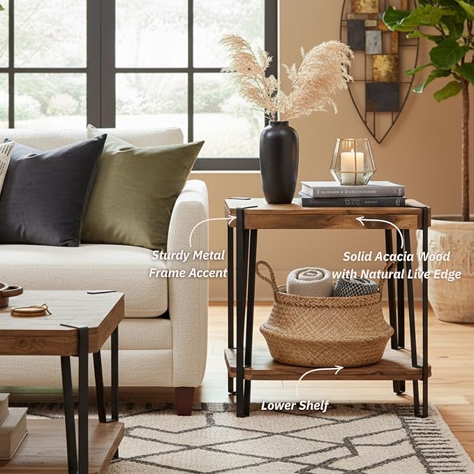 Ryegate Live Edge Modern End Tables Set of 2-2-Tier Acacia Wood Nightstands with Storage Shelf and Metal Legs - 17in Narrow Side Table Set for Living Room or Bedroom by Alaterre Furniture (Natural)