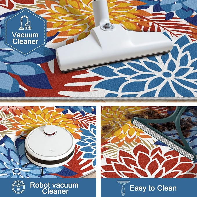 Colorful 3x5 Washable Rug for Living Room Tropical Botanical Modern Floral Chenille Area Rugs Low Pile Non Slip Carpet for Patio, Bedroom, Laundry, Vivid Dahlia