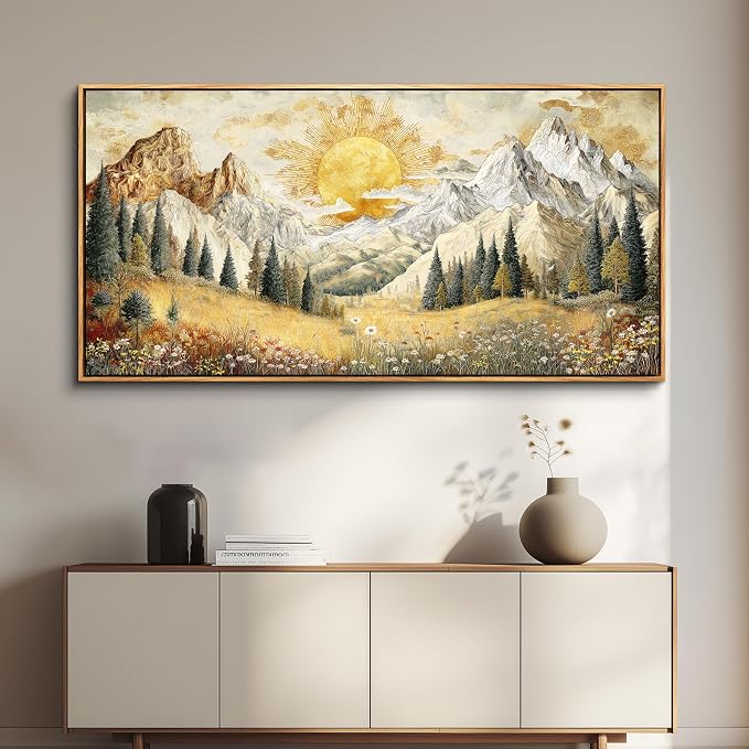 XIGUANGART Mountain Wall Art,Framed Large Canavs Wall Art,Wildflower Forest Art,Modern Farmhouse Decor,Living Room Pictures Paintings,Sunrise Abstract Art,Landscape Bedroom Office Decorations 30x60