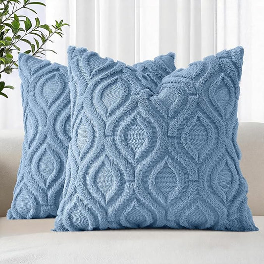 decorUhome Throw Pillow Covers 26x26 Inch Set of 2, Soft Plush Faux Wool Blue Solid Couch Pillow Covers, Accent Euro Sham Farmhouse Neutral Square Pillow Cases for Sofa Bed Living Room