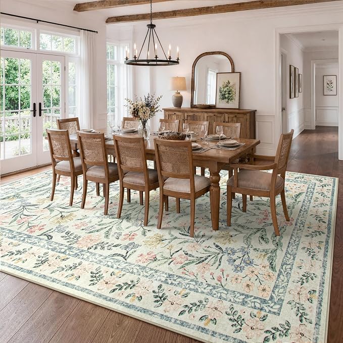 Wonnitar Large Living Room Rug, Floral 10 x 14 Machine Washable Area Rugs, Soft Boho Ultra-Thin Non-Shedding Indoor Aesthetic Carpet for Bedroom Dining Room Office