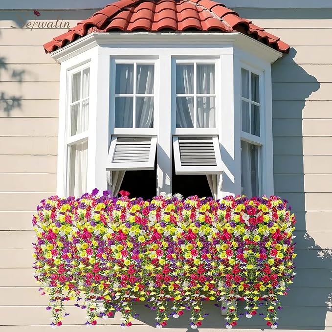 Serwalin Artificial Hanging Flowers for Outdoors Decoration,8PCS UV Resistant Fake Silk Artificial Outdoor Plants for Porch Patio Balcony Indoor Planter Garden Yard Decor (Summer Color,8PCS)
